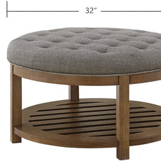 24KF Large Round Upholstered Tufted Linen Ottoman Coffee Table, Large Footrest Ottoman with Wood Shelf Storage-Granite