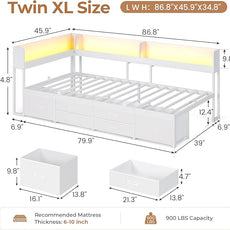 VIAGDO Corner Bed Frame with Storage Bookcase and 6 Drawers, Twin XL Metal Platform Corner Bed Frame with LED Lights and Charging Station, Twin XL Daybed for Kids Teenagers, White