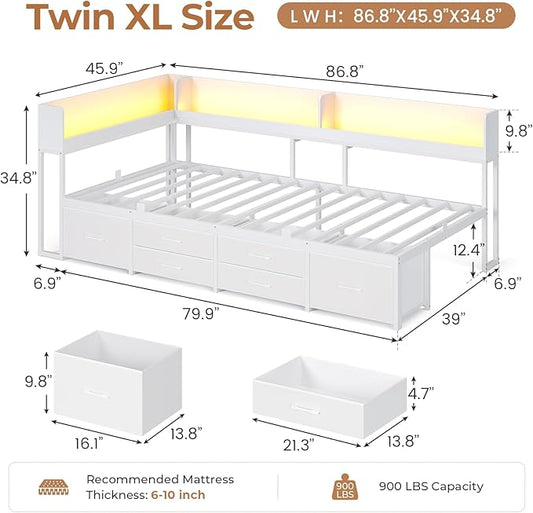 VIAGDO Corner Bed Frame with Storage Bookcase and 6 Drawers, Twin XL Metal Platform Corner Bed Frame with LED Lights and Charging Station, Twin XL Daybed for Kids Teenagers, White
