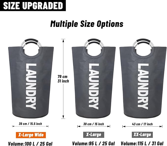 Caroeas 100L Laundry Basket,Large Laundry Hamper, Laundry Bag with Padded Handles, Clothes Hamper Stands Up Well, Collapsible Free Standing Easy Storage Washing Bin (Dark Grey,100L)