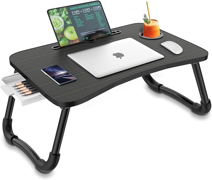Zapuno Foldable Laptop Bed Table Multi-Function Lap Serving Tray Dining Table with Storage Drawer and Water Bottle Holder, Slot for Eating, Working on Couch/Sofa (Arc Shape)
