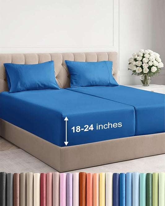 Extra Deep Pocket Split King Sheets - 5 Piece Breathable & Cooling Bed Sheets - Hotel Luxury Bed Sheet Set - Soft, Wrinkle Free & Comfy - Easily Fits Extra Deep Mattresses - Royal Blue Sheets Set