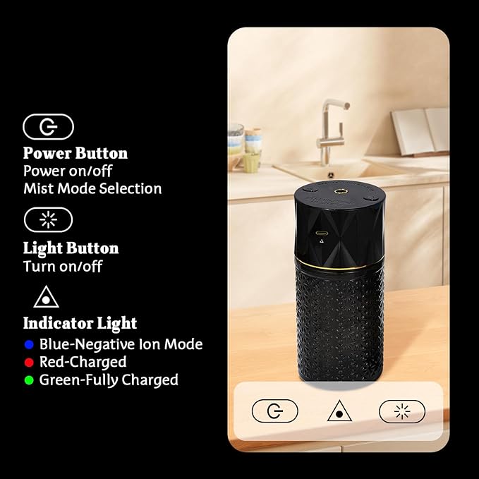 Ikeda Wireless Essential Oil Diffuser, Mini Negative Ion Mist Humidifier with Night Light & Auto Shut-Off, 250mL Ebony Scent for Room, Home, Car&Office