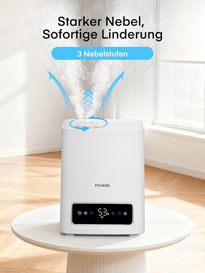 FOHERE 6L Humidifiers for Bedroom, 60H Cool Mist Humidifier for Large Room, 28dB Ultra-Quiet Runtime for Baby, Indoor, Plants, Smart Humidity Sensor, 16H Timer, Night Light, Oil Diffuser, White