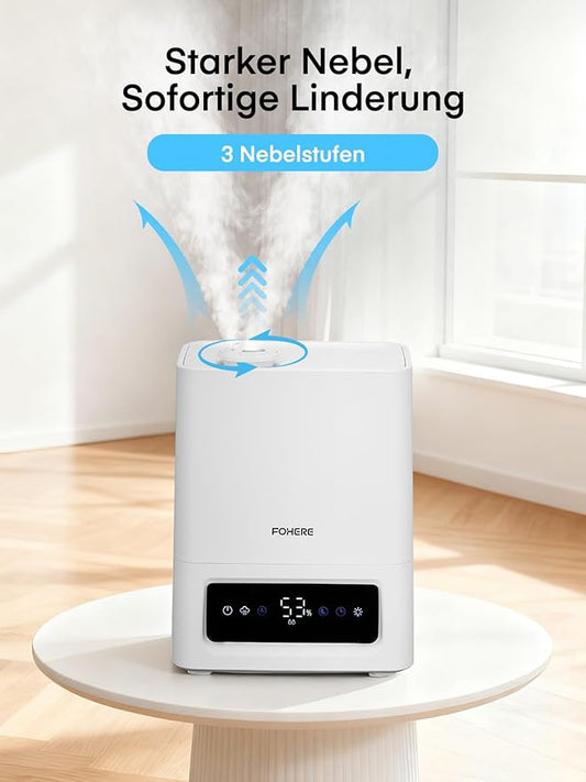 FOHERE 6L Humidifiers for Bedroom, 60H Cool Mist Humidifier for Large Room, 28dB Ultra-Quiet Runtime for Baby, Indoor, Plants, Smart Humidity Sensor, 16H Timer, Night Light, Oil Diffuser, White
