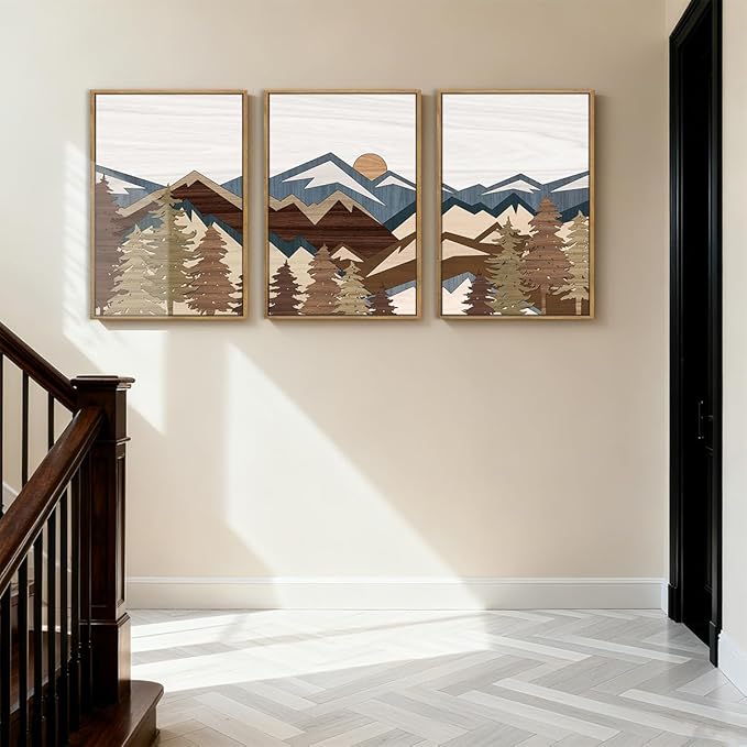 BINCUE Large Mountain Wall Art Vintage Mountains Office Framed Canvas 3 Piece Artwork 16x24 Inch for Living Room Bedroom Décor