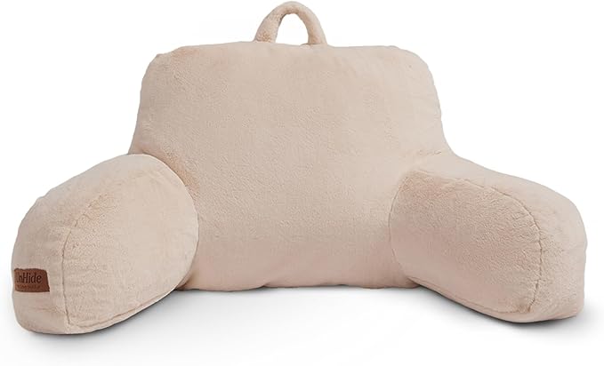 UnHide Squish Backrest Pillow - A Large Pillow with Arms for Sitting Up in Bed, Reading or Lounging - Removable, Washable Faux Fur Cover, Beige