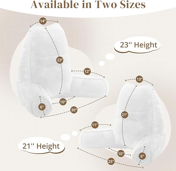 Sasttie Reading Pillow for Bed - 23 Inch, Back Pillow for Bed Sitting Up, Back-Rest Support Cushion with Side Pockets and Arms, Dorm Essentials, Oeko-Tex Certified, White