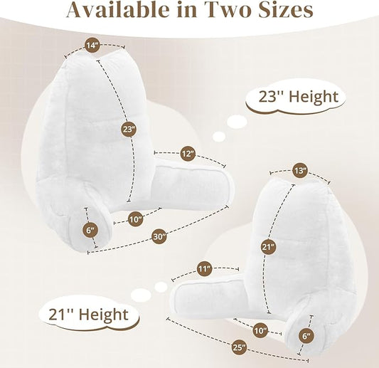 Sasttie Reading Pillow for Bed - 23 Inch, Back Pillow for Bed Sitting Up, Back-Rest Support Cushion with Side Pockets and Arms, Dorm Essentials, Oeko-Tex Certified, White