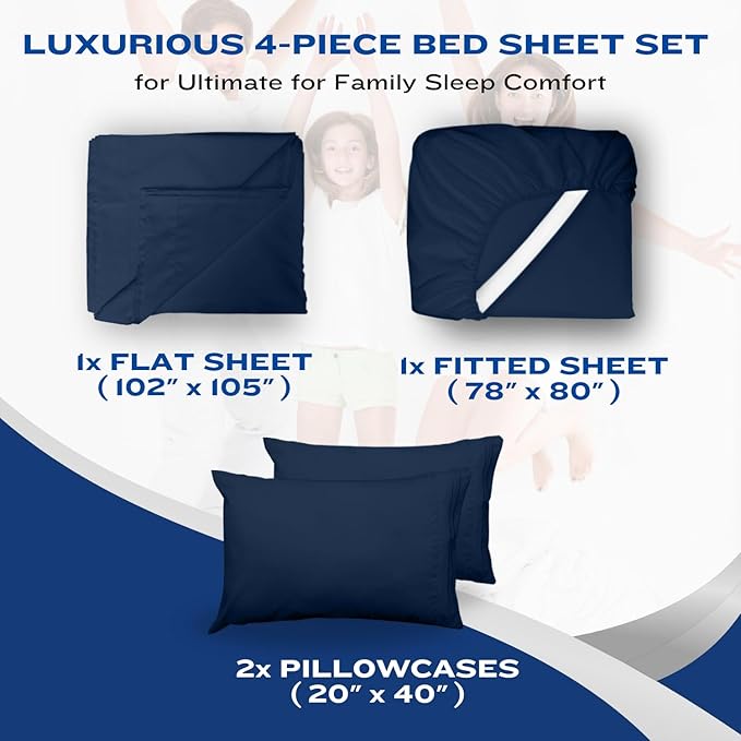 DREAMCARE Queen Sheet Set – 4 pcs Cooling Sheets – up to 21” Extra Deep Pocket Queen Sheets – Hotel Luxury Sheets & Pillowcases – Superior Softness 100% Fine Microfiber with Side Pocket – Navy DREAMCARE