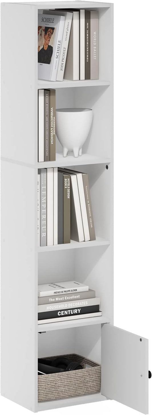 Furinno LUDER Book Shelf, 5-Tier Modern Bookshelf, Bookcase with 1 Door Storage Cabinet, 9.3 x 12 x 52, for Living Room, Bedroom, Home Office, White