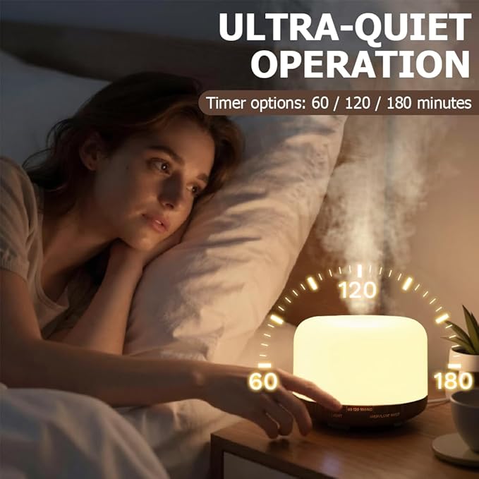 Essential Oil Diffuser 500ml,Aromatherapy Diffuser with 7 LED Lights,Quiet Air Humidifier 4-in-1 with Timer & Auto-Off,Compact Scent Diffuser for Bedroom,Yoga,SPA,Baby Room(Portable Model)