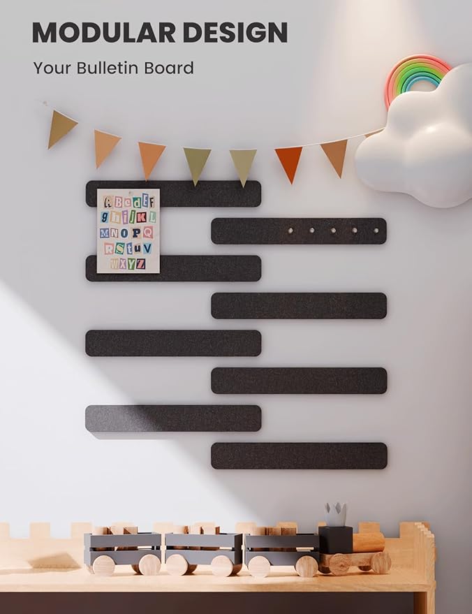 Cork Board Alternative Felt Strip Board 8-Pack 13"x2", Office Pin Board with 50 Push Pins, Adhesive Install for Bedroom Door & Home Office(Black)