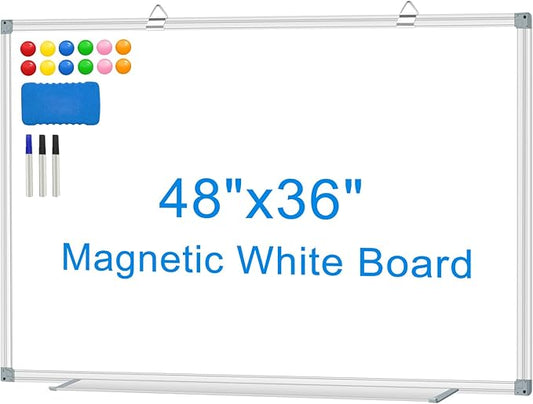 White Board Dry Erase Whiteboard for Wall 48" x 36" Aluminum Presentation Magnetic Whiteboards with Long Pen Tray, 12 Magnets, 3 Markers & 1 Eraser