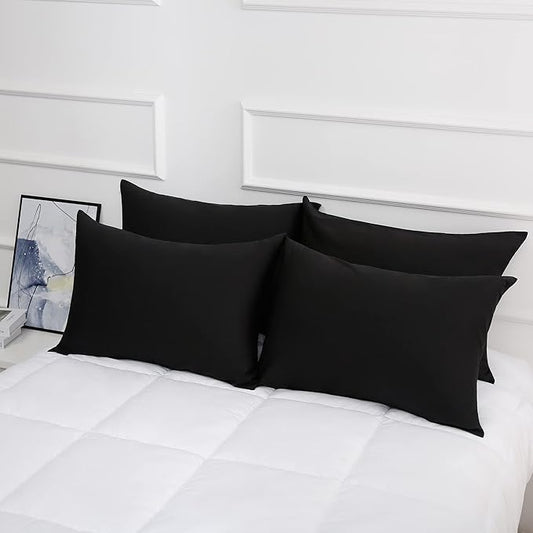 Cotton Pillow Protectors/Cases Queen Size with Zipper 4 Pack Black Color,Cooling & Breathable Bed Pillow Protectors Set of 4 Pillow Cases Cover (Queen Size 20" x 30")