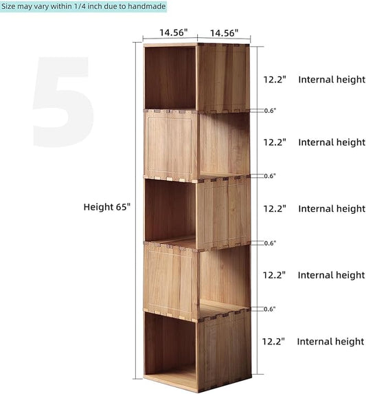 Solid Wood Corner Shelf, Square Bookcase Cube Tower, Stationary Shelves - Sturdy Freestanding Organizer for Beside TV Stand&Room Corners, Storage Display for Small Spaces, Rustic Brown, 5-Tier