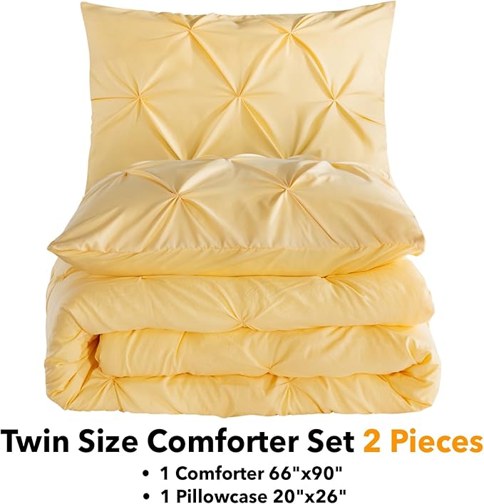 Andency Yellow Pinch Pleat Comforter Twin(66x90Inch), 2 Pieces(1 Pintuck Comforter and 1 Pillowcase) Pintuck Comforter Set, Microfiber Down Alternative Comforter All Season Bedding Set