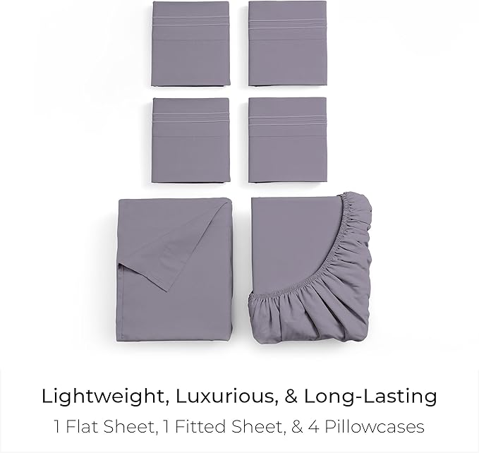 Mellanni King Sheet Set - 6-Piece Iconic Collection Bedding, (Including 4 Pillowcases), 21-Inch Extra Deep Pocket, Easy Care, Ultra Soft, Cooling Sheets, Brushed Microfiber - Hazy Lilac