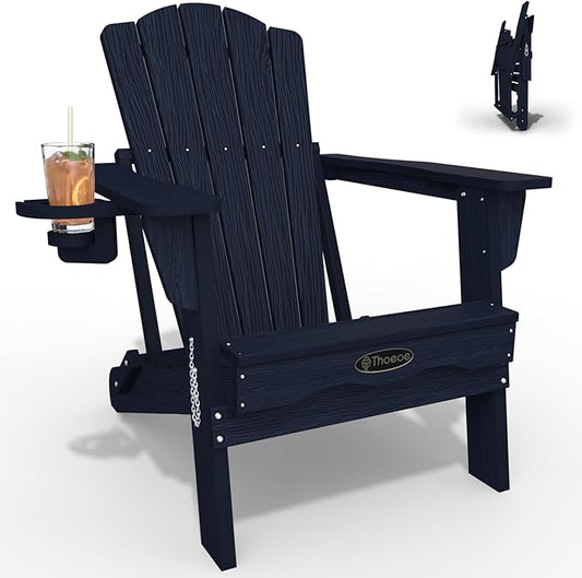 Adirondack Chair, Folding All-Weather Outdoor HDPE Patio Chair with Cup Holder, Navy Blue