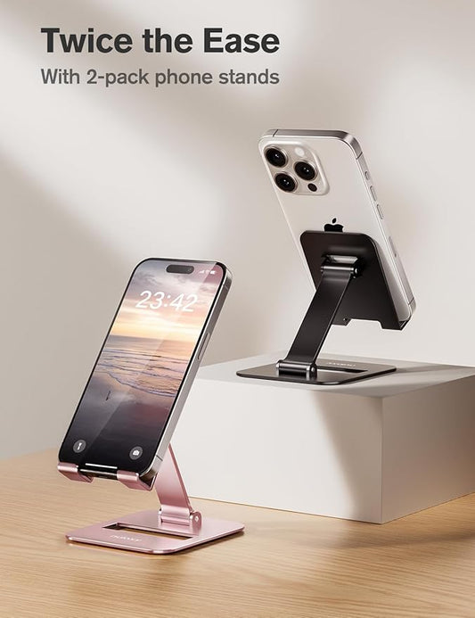 Nulaxy 2 Pack Dual Folding Cell Phone Stand, Fully Adjustable Phone Holder for Desk, Compatible with iPhone 17 16 15 14 13 12 11, Nintendo Switch, All Phones, Black & Rose Gold