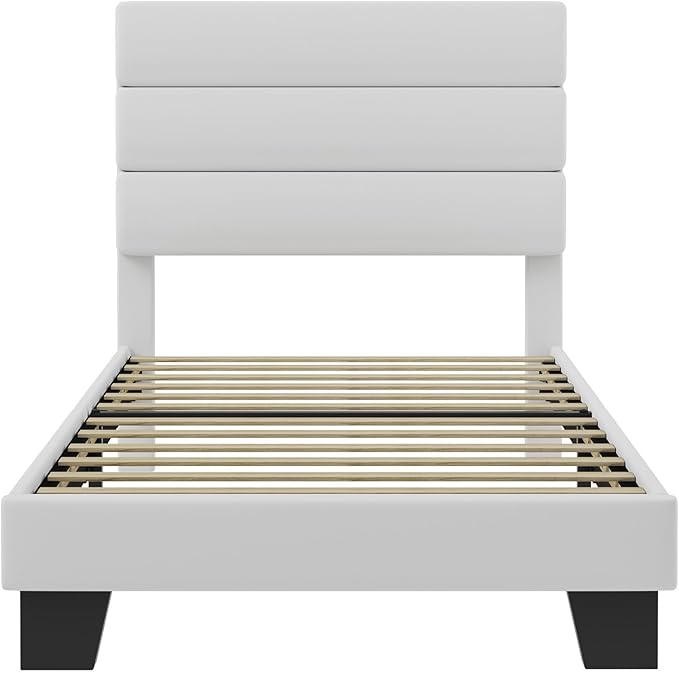 SHA CERLIN Twin Platform Bed Frame with Velvet Upholstered Headboard, Mattress Foundation with Strong Wooden Slats Support, No Box Spring Needed, White