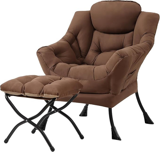 Tiita Lazy Chair with Ottoman, Modern Large Accent Lounge Armchair, Comfy Leisure Sofa Reading Chair with Footrest for Bedroom, Living Room, Dorm Rooms, Garden and Courtyard, Brown