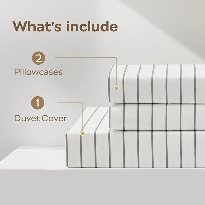 JELLYMONI Striped Duvet Cover Set - Full Size 100% Cotton - 3PCS White & Grey Vertical Stripes Bedding - Hidden Zipper Closure & 8 Corner Ties - Breathable Comforter Cover for Bedroom