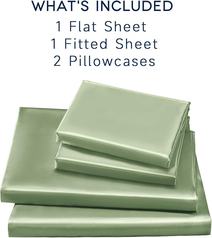 Satin Sheets Queen Size - 4 Pieces Luxury Silky Soft Bed Sheets, Wrinkle-Free Sage Green Satin Silk Sheet Set with 1 Deep Pocket Fitted Sheet, 1 Flat Sheet, 2 Pillow Cases