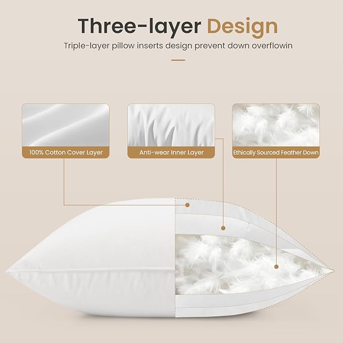 BHZ Throw Pillows 20x20 Euro Pillow Inserts Set of 2, Down Feather Alternative Pillow Inserts, Decorative Soft Large Square White Throw Pillows Insert for Couch Bed Dorm Sofa with Cotton Cover