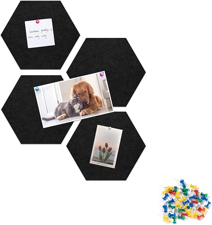 12" Large Bulletin Board with 15 Push Pins, Pack of 4 Hexagon Felt Pin Board Notice Boards for Home Office, Felt Wall Tiles for Photos Memos (Black)