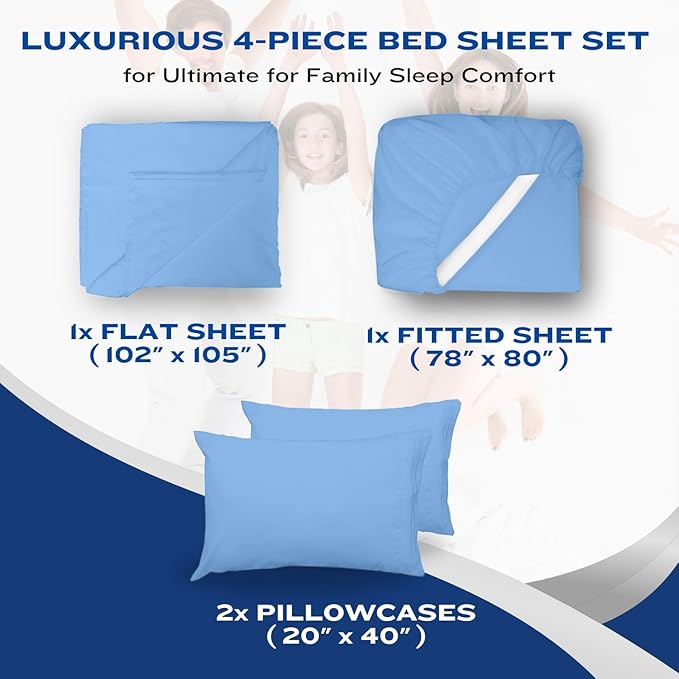 DREAMCARE Queen Size Sheets - Cooling Bed Sheets - 4pcs Set - up to 15" Deep Pocket Queen Sheet Set - Sheets Queen Size Bed - Soft & Long Lasting 100% Fine Brushed Polyester with Side Pocket - Lblue DREAMCARE