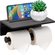 Toilet Paper Holder - Aluminium Double Roll Toilet Tissue Holder with Mobile Phone Shelf for Bathroom, 3M Self Adhesive No Drilling or Wall-Mounted with Screws, Rustproof Modern Style Black