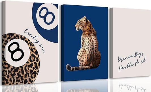 Navy Blue 3 Pcs Leopard Print Canvas Wall Art Cheetah animal prints 8 Ball Lucky Me pictures Trendy Wall decor Y2k aesthetics painting artwork for Apartment Dormitory College Decoration 12x16in