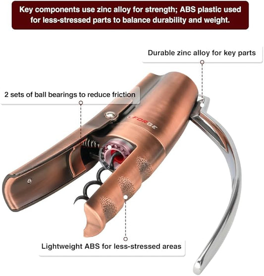 Forge Quality Compact Vertical Lever Corkscrew Wine Opener with Foil Cutter. 3 Seconds to Open a Bottle of Wine. Metallic Bronze