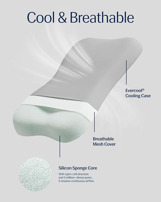 REST® Evercool® Cooling Pillow, Set of 2, Instant Cool-to-Touch Shell Fabric & Breathable Silicone Sponge Core for All-Night Temperature Regulation & Ergonomic Support, High, Light Gray