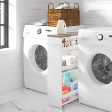 TEAMIX 4 Tier White Slim Storage Cart with Handle, 7.9''W Slide Out Storage Rolling Utility Cart Mobile Shelving Unit Organizer Trolley for Small Spaces Kitchen Laundry Narrow Places