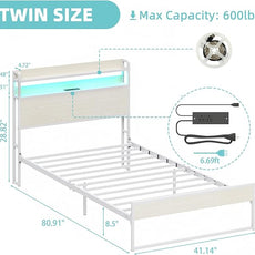 Elephance Twin Bed Frames with Charging Station and LED Lights, Metal Bed Frame with 2-Tier Storage Headboard, No Box Spring Needed, Noise Free, Easy Assembly,Beige
