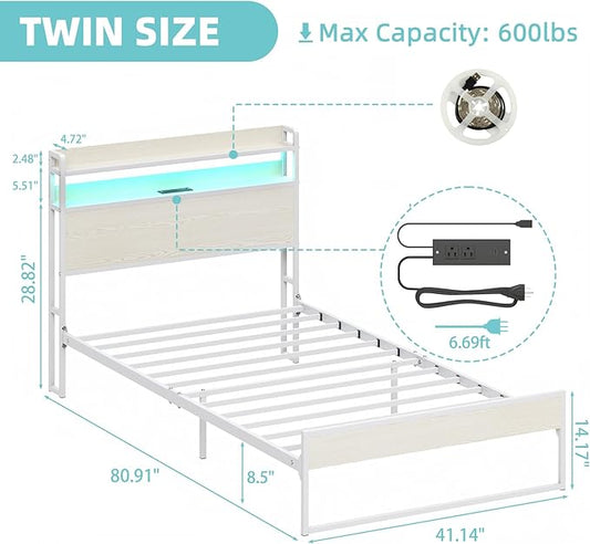 Elephance Twin Bed Frames with Charging Station and LED Lights, Metal Bed Frame with 2-Tier Storage Headboard, No Box Spring Needed, Noise Free, Easy Assembly,Beige