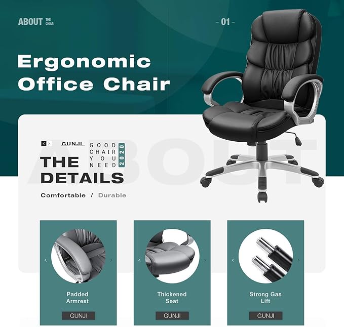 GUNJI Office Chair PU Leather High Back Executive Chair Ergonomic Computer Chair, Modern Adjustable Home Desk Chair Swivel Managerial Chair with Padded Armrests and Lumbar Support (Black)