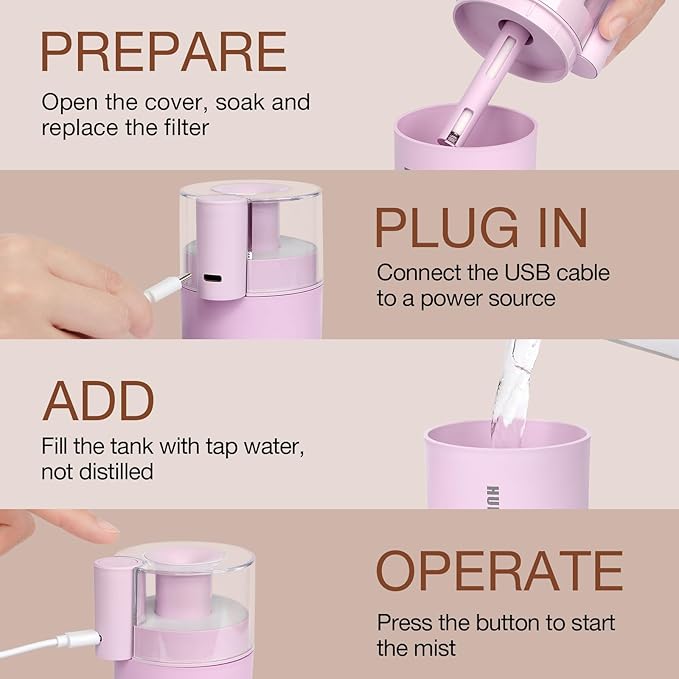 Portable Mini Humidifier, 180ml USB Cool Mist Small Humidifiers for Bedroom, Personal Desktop Humidification for Car Office Travel & Indoor Plants(Pink)