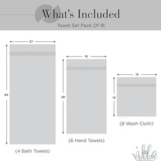 100% Cotton Bath Towel Set of 18-4 Bath Towels, 6 Hand Towels, 8 Wash Cloths, Sustainable, Soft, Highly Absorbent, Combed Cotton 18 Piece Set for Hotels, Spa, Bathroom, Dorm, Black
