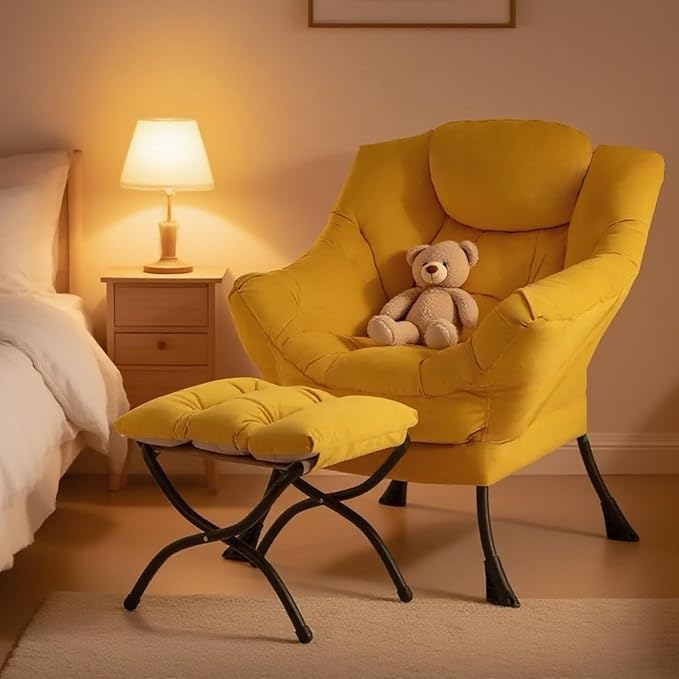 Tiita Lazy Chair with Ottoman, Modern Large Accent Lounge Armchair, Comfy Leisure Sofa Reading Chair with Footrest for Bedroom, Living Room, Dorm Rooms, Garden and Courtyard, Velvet Yellow