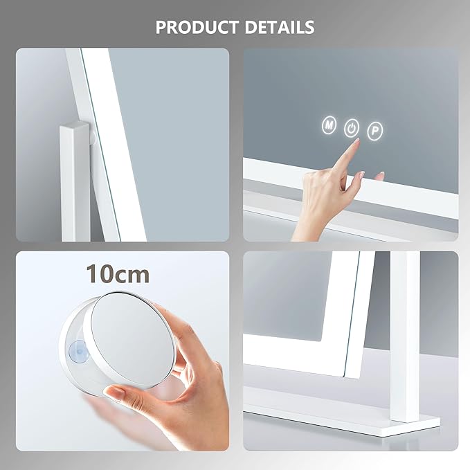 Lighted Makeup Mirror, 17.3"x13" Hollywood Vanity Mirror with Led Lights, Three Color Lighting Modes, and 10X Magnification Mirror, Smart Touch Control, 360°Rotation (White, Gift Box)