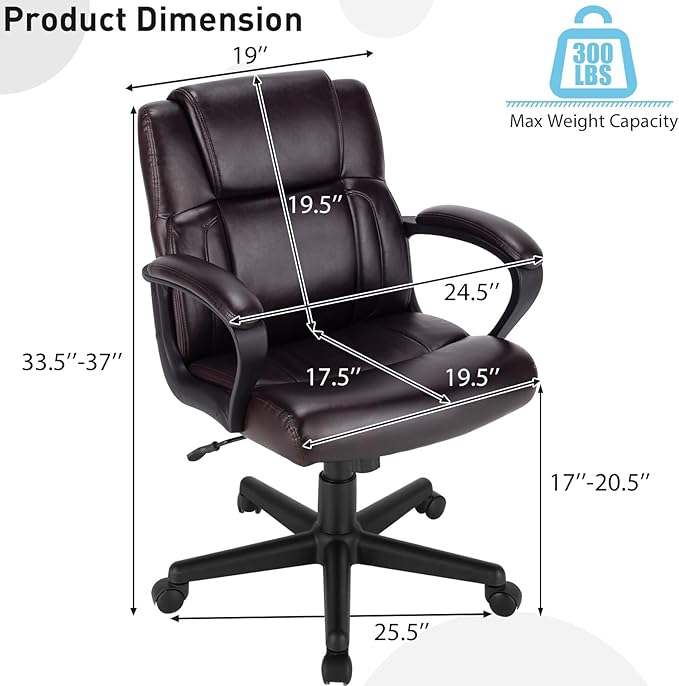 POWERSTONE Leather Executive Chair with 4in Thickened Cushion, Ergonomic Mid Back Office Desk Chair with Soft Padded Armrests for Home, Study and Office(Brown)