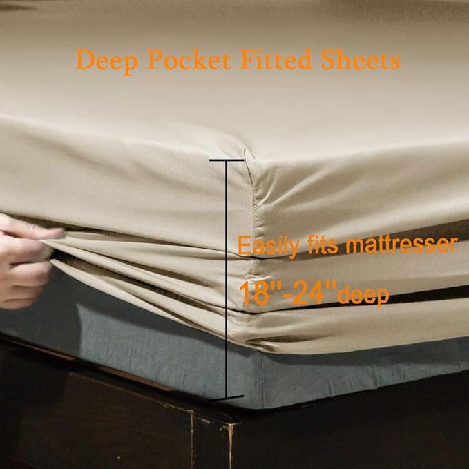 SONORO KATE Bed Sheet Set Super Soft Microfiber 1800 Thread Count Luxury Egyptian Sheets Fit 18-24 Inch Deep Pocket Mattress Wrinkle-6 Piece (Beige, Full)