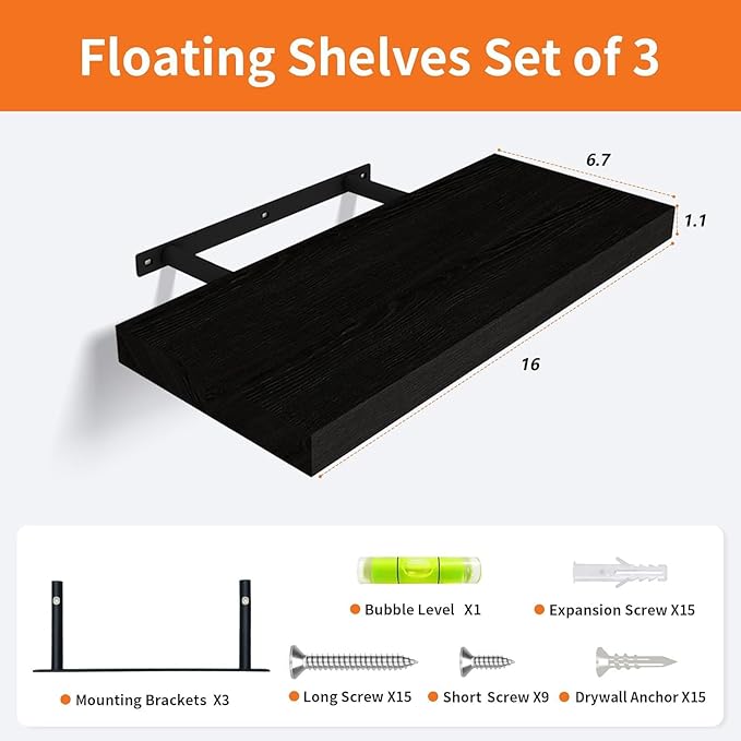 Floating Shelves for Wall Set of 3, 16" Black Wall Shelves for Home Decor, Frame Display Floating Shelf for Living Room, Bedroom, Bathroom, Kitchen