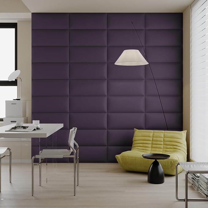 Purple Faux Leather Headboard for Queen Bed - 12-Panel Wall-Mount or Freestanding Design, 24x12-Inch Peel & Stick Upholstered Panels