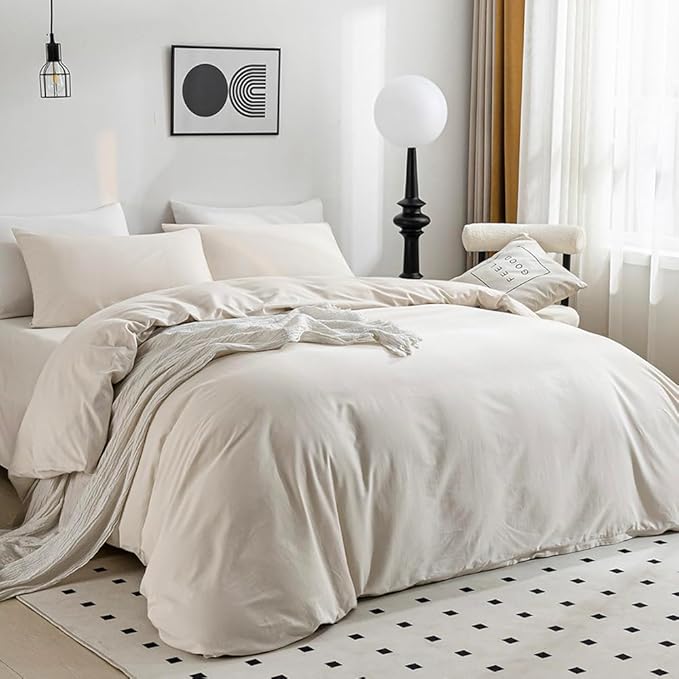 JELLYMONI Beige Duvet Cover Twin Size - 100% Washed Cotton Linen Feel Textured Comforter Cover, 2 Pieces Breathable Soft Bedding Set with Zipper Closure (Beige, Twin 68"x90")