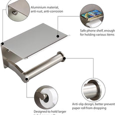 Toilet Paper Holder with Shelf - 3M Self Adhesive Tissue Towel Dispenser or Wall Mounted Toilet Paper Roll Holder - Rustproof Bathroom Phone Holder Tissue Holder Brushed Nickel