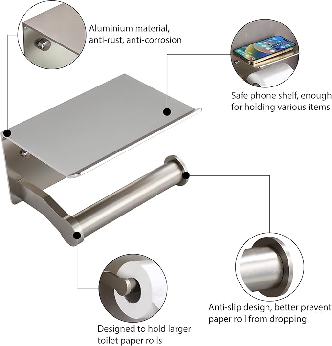 Toilet Paper Holder with Shelf - 3M Self Adhesive Tissue Towel Dispenser or Wall Mounted Toilet Paper Roll Holder - Rustproof Bathroom Phone Holder Tissue Holder Brushed Nickel